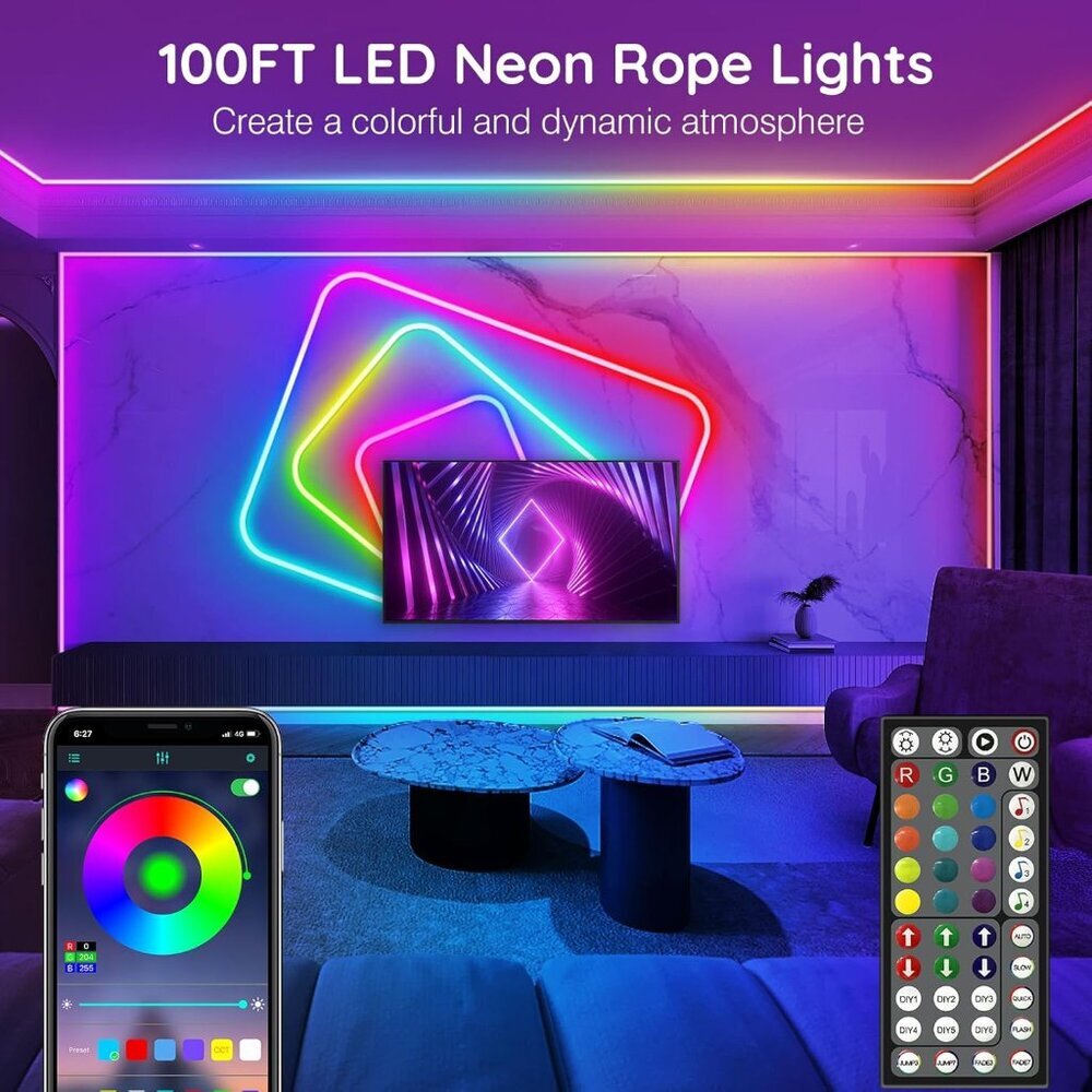 100Ft Neon Rope Lights,Flexible Led Rope Lights Control with App/Remote,Multiple - Picture 2 of 7